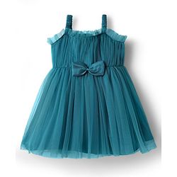 Babyhug Woven Sleeveless Party Dress With Bow Applique & Mesh Detailing - Teal Blue