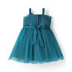 Babyhug Woven Sleeveless Party Dress With Bow Applique & Mesh Detailing - Teal Blue