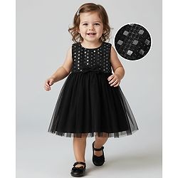 Babyhug Woven Sleeveless Mesh Party Dress with Yoke Embellishment - Black