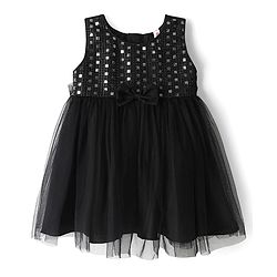 Babyhug Woven Sleeveless Mesh Party Dress with Yoke Embellishment - Black