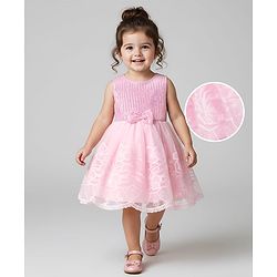 Babyhug Sleeveless Sequins & Floral Embroidered Detailing Fit & Flare Mesh Party Dress - Pink
