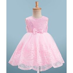 Babyhug Sleeveless Sequins & Floral Embroidered Detailing Fit & Flare Mesh Party Dress - Pink