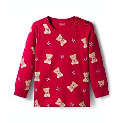 Babyhug Knit Full Sleeves Co-ords Pullover Thermal Wear Set with Bear Print - Maroon
