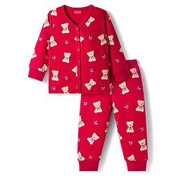 Babyhug Knit Full Sleeves Bear Printed Co-ords Thermal Vest & Pant Set - Maroon