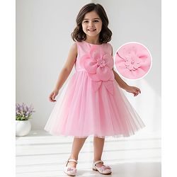 Babyhug Woven Sleeveless Fit & Flare Mesh Party Dress with Floral Applique - Pink