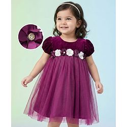 Babyhug Mesh Woven Half Puffed Sleeves Fit and Flare Party Dress With Glitter & Floral Applique - Wine