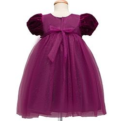 Babyhug Mesh Woven Half Puffed Sleeves Fit and Flare Party Dress With Glitter & Floral Applique - Wine