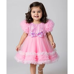 Babyhug Woven Half Sleeves Mesh Party Dress With Sequin Detailing & Bow Applique - Pink & White