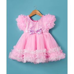 Babyhug Woven Half Sleeves Mesh Party Dress With Sequin Detailing & Bow Applique - Pink & White