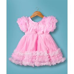 Babyhug Woven Half Sleeves Mesh Party Dress With Sequin Detailing & Bow Applique - Pink & White