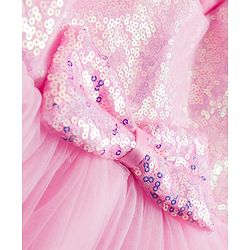 Babyhug Woven Half Sleeves Mesh Party Dress With Sequin Detailing & Bow Applique - Pink & White