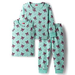 Babyhug Knit Full Sleeves Pullover & Sleeveless Thermal Vests & Pant Set with Bow Print - Turquoise