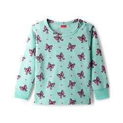 Babyhug Knit Full Sleeves Pullover & Sleeveless Thermal Vests & Pant Set with Bow Print - Turquoise