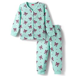 Babyhug Knit Full Sleeves Bow Printed Thermal Vest & Pant Set - Sea Green