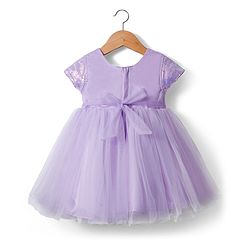 Babyhug Woven Half Sleeves Mesh Party Dress With Sequin Detailing & Bow Applique - Lavender