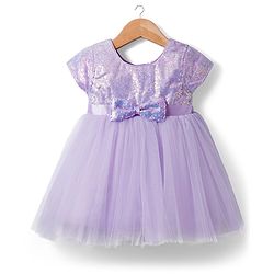 Babyhug Woven Half Sleeves Mesh Party Dress With Sequin Detailing & Bow Applique - Lavender