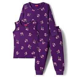 Babyhug Knit Full Sleeves Co-ords Pullover Thermal Wear Set with Floral Print - Purple