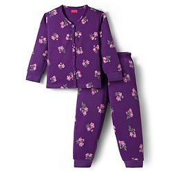 Babyhug Knit Full Sleeves Thermal Inner Wear Set With Floral Print - Purple