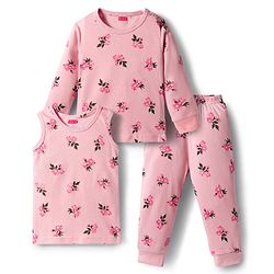 Babyhug Knit Full Sleeves Thermal Inner Wear Set With Vest & Floral Print - Pink