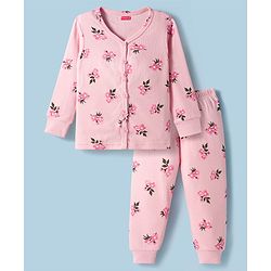 Babyhug Knit Full Sleeves Floral Printed Co-ords Thermal Vest & Pant Set - Pink