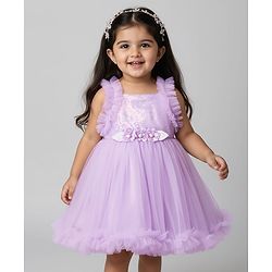 Babyhug Woven Sleeveless Mesh Party Dress With Floral Applique & Sequin Detailing On Yoke - Lavender