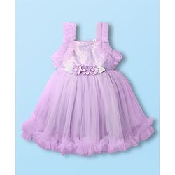 Babyhug Woven Sleeveless Mesh Party Dress With Floral Applique & Sequin Detailing On Yoke - Lavender