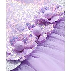 Babyhug Woven Sleeveless Mesh Party Dress With Floral Applique & Sequin Detailing On Yoke - Lavender