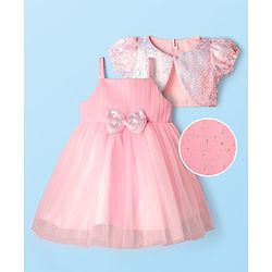 Babyhug Woven Mesh Party Dress with Half Sleeves Shrug with Sequin Detailing & Bow Applique - Pink