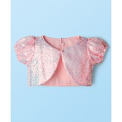 Babyhug Woven Mesh Party Dress with Half Sleeves Shrug with Sequin Detailing & Bow Applique - Pink