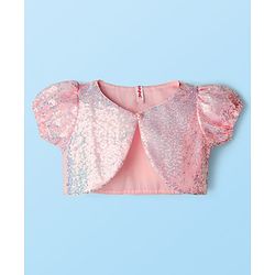 Babyhug Woven Mesh Party Dress with Half Sleeves Shrug with Sequin Detailing & Bow Applique - Pink