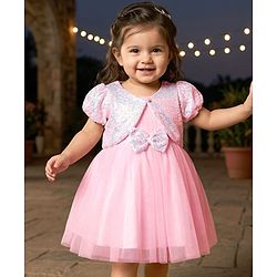 Babyhug Woven Mesh Party Dress with Half Sleeves Shrug with Sequin Detailing & Bow Applique - Pink