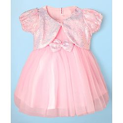 Babyhug Woven Mesh Party Dress with Half Sleeves Shrug with Sequin Detailing & Bow Applique - Pink