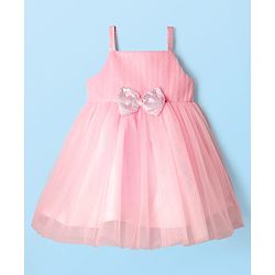 Babyhug Woven Mesh Party Dress with Half Sleeves Shrug with Sequin Detailing & Bow Applique - Pink