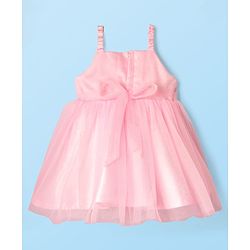 Babyhug Woven Mesh Party Dress with Half Sleeves Shrug with Sequin Detailing & Bow Applique - Pink