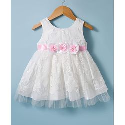 Babyhug Woven Sleeveless Mesh Party Dress With Lace Detailing & Floral Applique - White