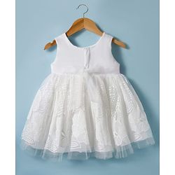 Babyhug Woven Sleeveless Mesh Party Dress With Lace Detailing & Floral Applique - White