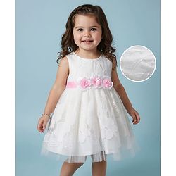 Babyhug Woven Sleeveless Mesh Party Dress With Lace Detailing & Floral Applique - White