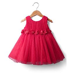 Babyhug Woven Sleeveless Mesh Party Dress with Floral Applique & Glitter Embellishment - Red