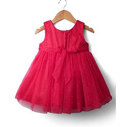Babyhug Woven Sleeveless Mesh Party Dress with Floral Applique & Glitter Embellishment - Red