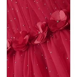 Babyhug Woven Sleeveless Mesh Party Dress with Floral Applique & Glitter Embellishment - Red