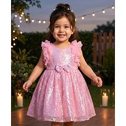 Babyhug Woven Sleeveless Flare Party Dress with Bow & Sequinned Applique - Pink