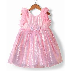 Babyhug Woven Sleeveless Flare Party Dress with Bow & Sequinned Applique - Pink