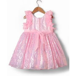 Babyhug Woven Sleeveless Flare Party Dress with Bow & Sequinned Applique - Pink