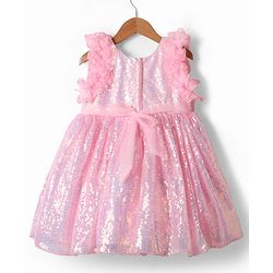 Babyhug Woven Sleeveless Flare Party Dress with Bow & Sequinned Applique - Pink