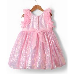 Babyhug Woven Sleeveless Flare Party Dress with Bow & Sequinned Applique - Pink
