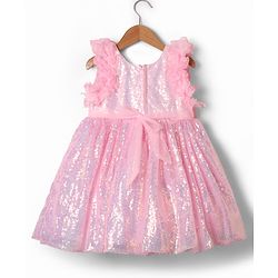 Babyhug Woven Sleeveless Flare Party Dress with Bow & Sequinned Applique - Pink