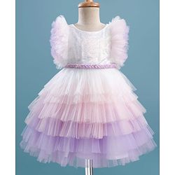 Babyhug Woven Frill Sleeves Layered Mesh Party Dress With Sequin Detailing - White