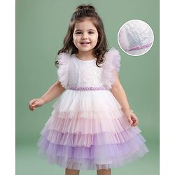 Babyhug Woven Frill Sleeves Layered Mesh Party Dress With Sequin Detailing - White