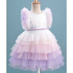 Babyhug Woven Frill Sleeves Layered Mesh Party Dress With Sequin Detailing - White