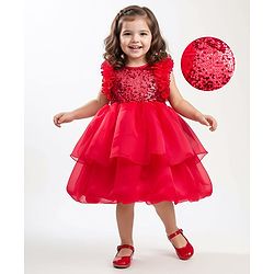 Babyhug Woven Sleeveless Layered Party Dress With Sequin & Frill Detailing - Red